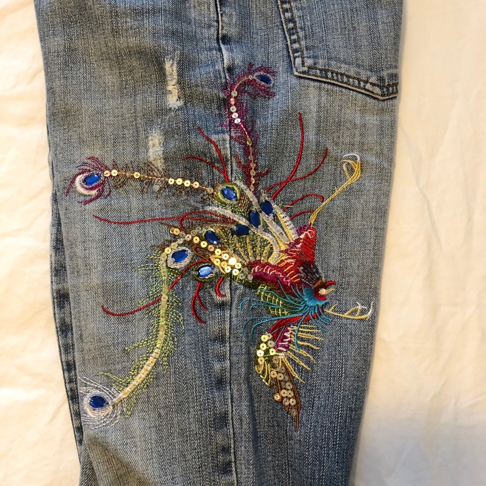 Embroidered/sequinned Peacock Jeans with Blue Sapphire Crystals 26